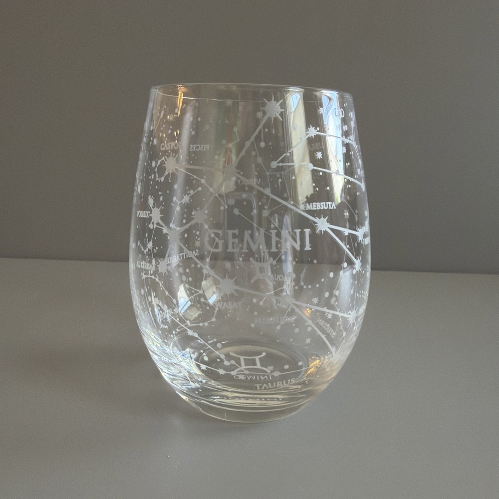 Gemini Stemless Wine Glass Zodiac Constellations Horoscope Stars Etched 16 Oz